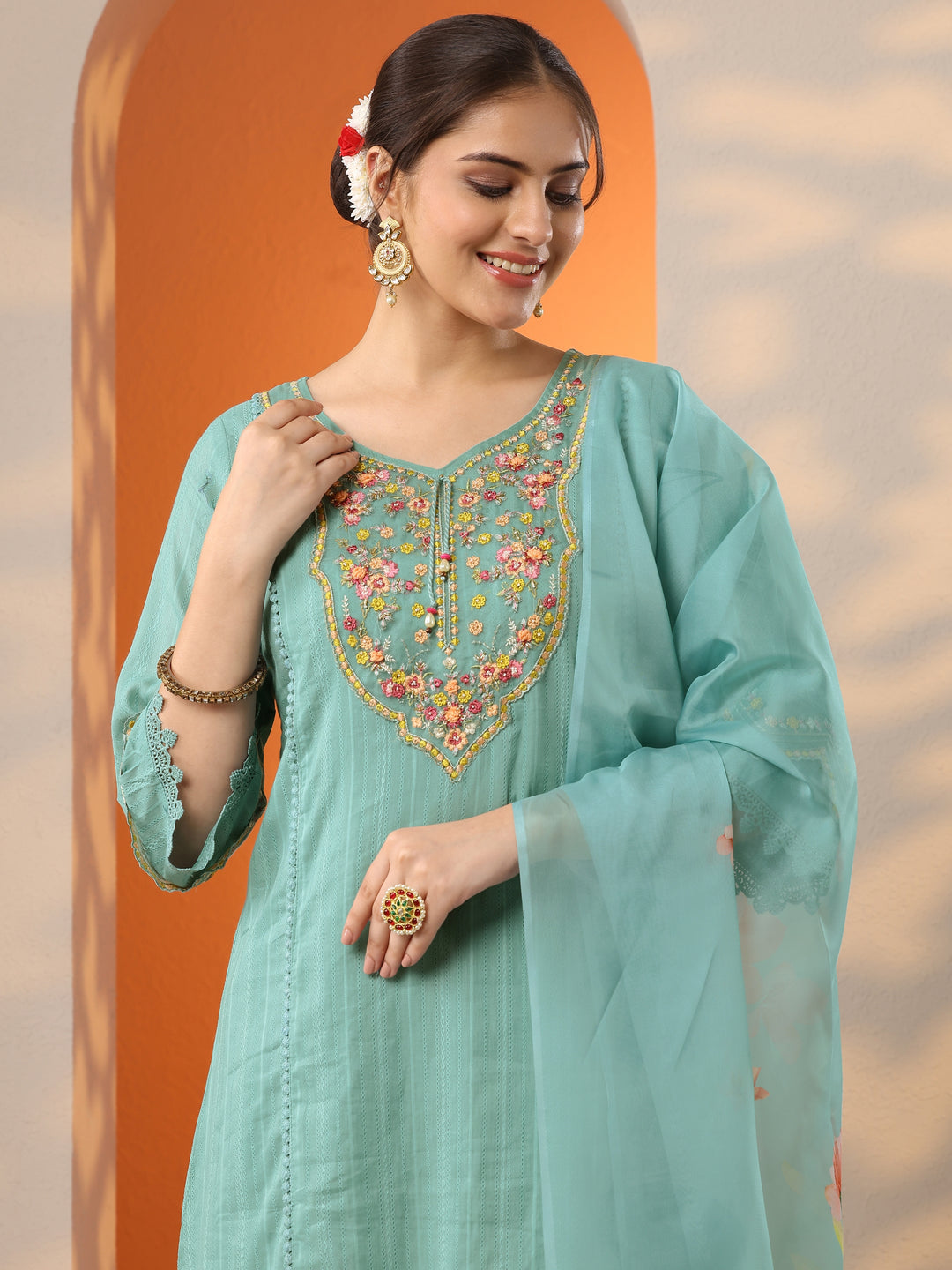 Turquoise blue Embroidered Cotton Blend A-line Suit Set With Dupatta