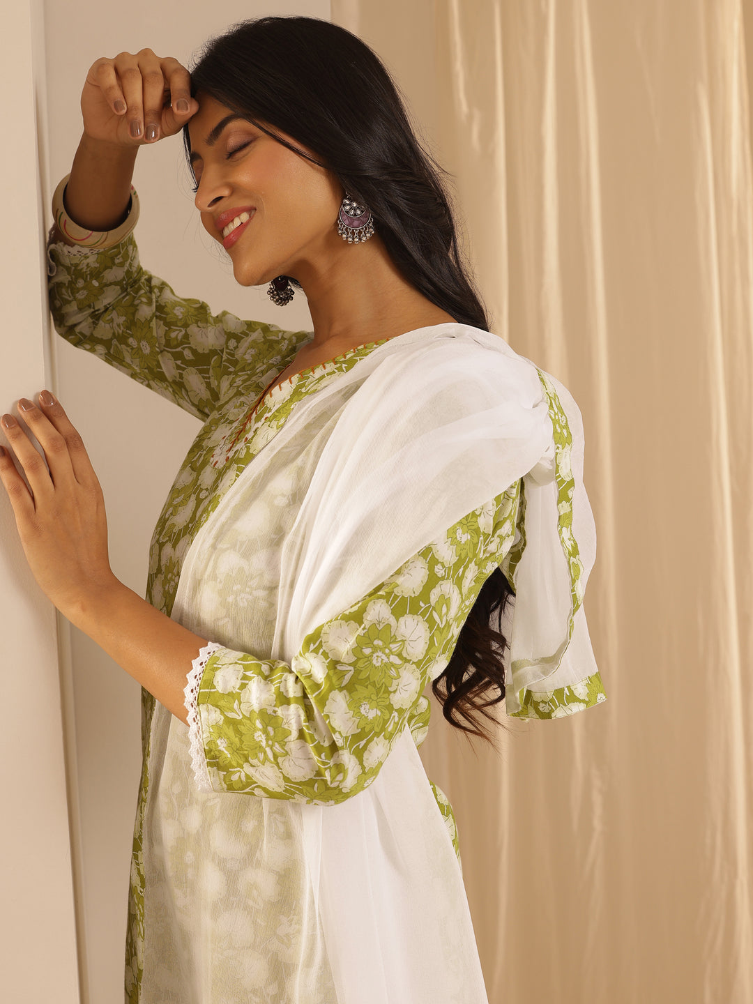 Green Printed Cotton Straight Suit Set With Dupatta