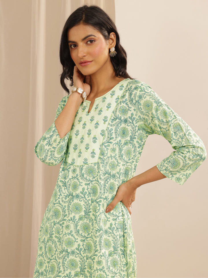 Green Printed Cotton Straight Suit Set With Dupatta