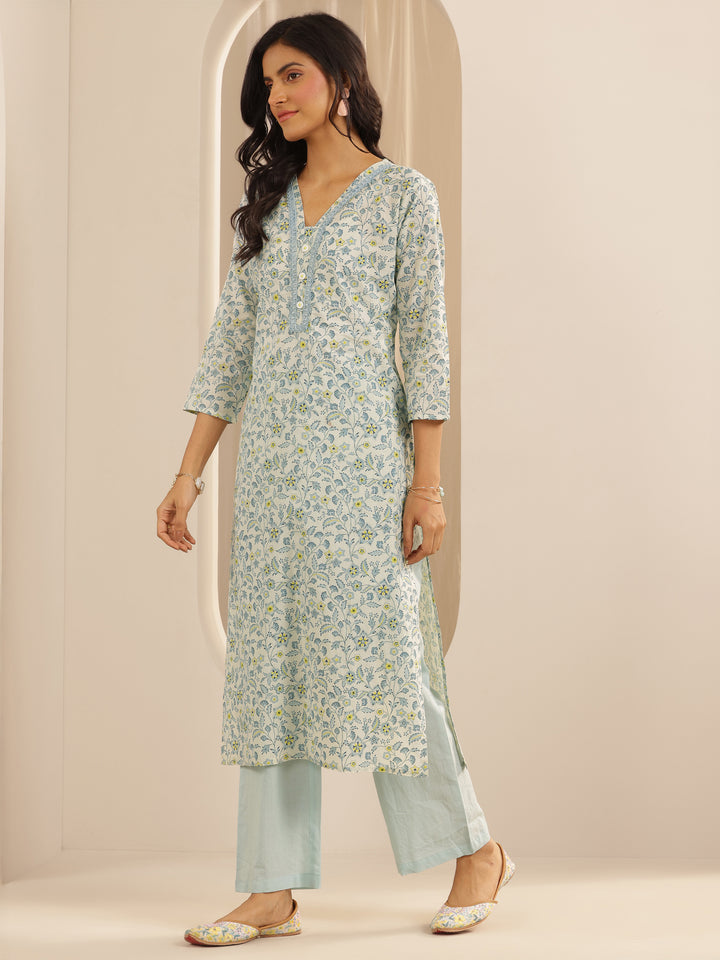 Blue Printed Cotton Straight Suit Set With Dupatta