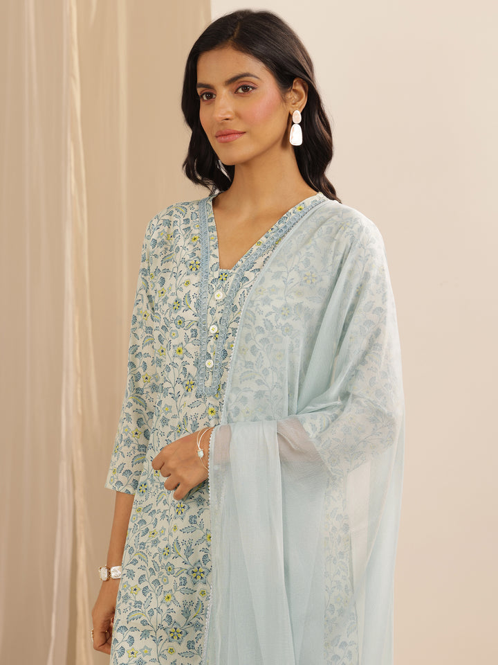 Blue Printed Cotton Straight Suit Set With Dupatta