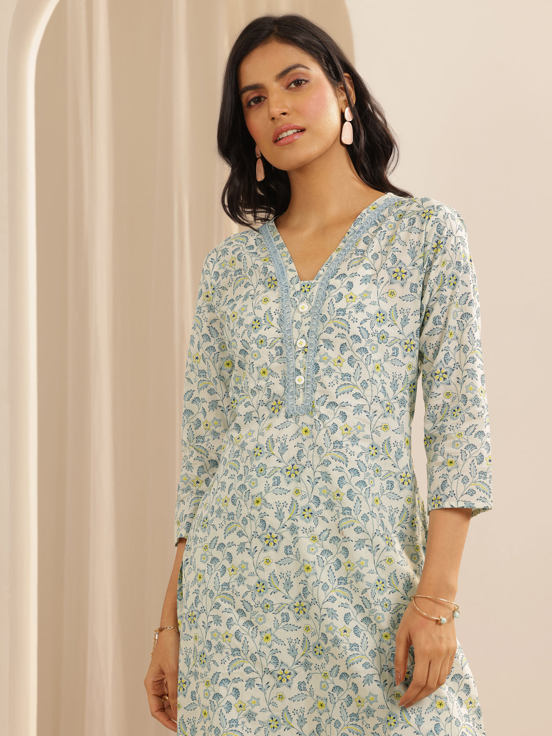 Blue Printed Cotton Straight Suit Set With Dupatta