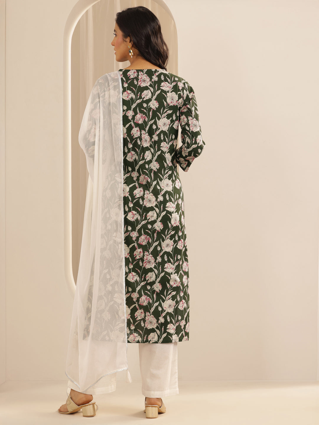 Green Printed Cotton Straight Suit Set With Dupatta