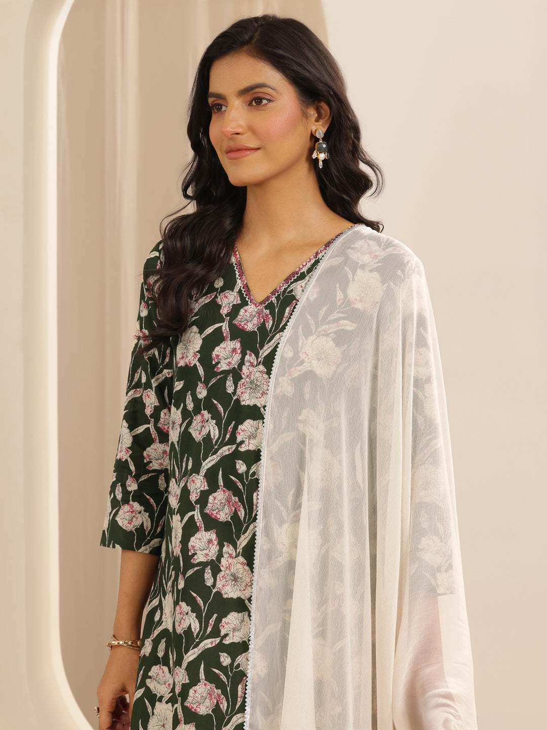 Green Printed Cotton Straight Suit Set With Dupatta