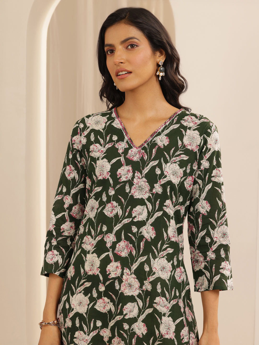 Green Printed Cotton Straight Suit Set With Dupatta