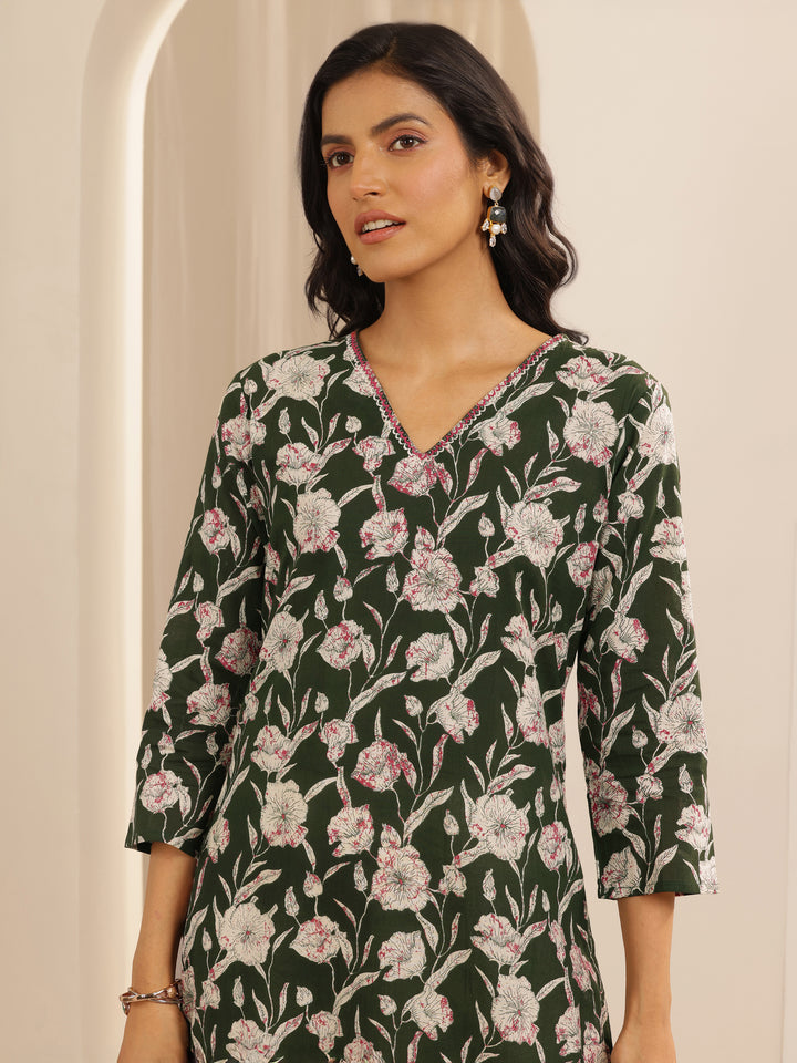 Green Printed Cotton Straight Suit Set With Dupatta