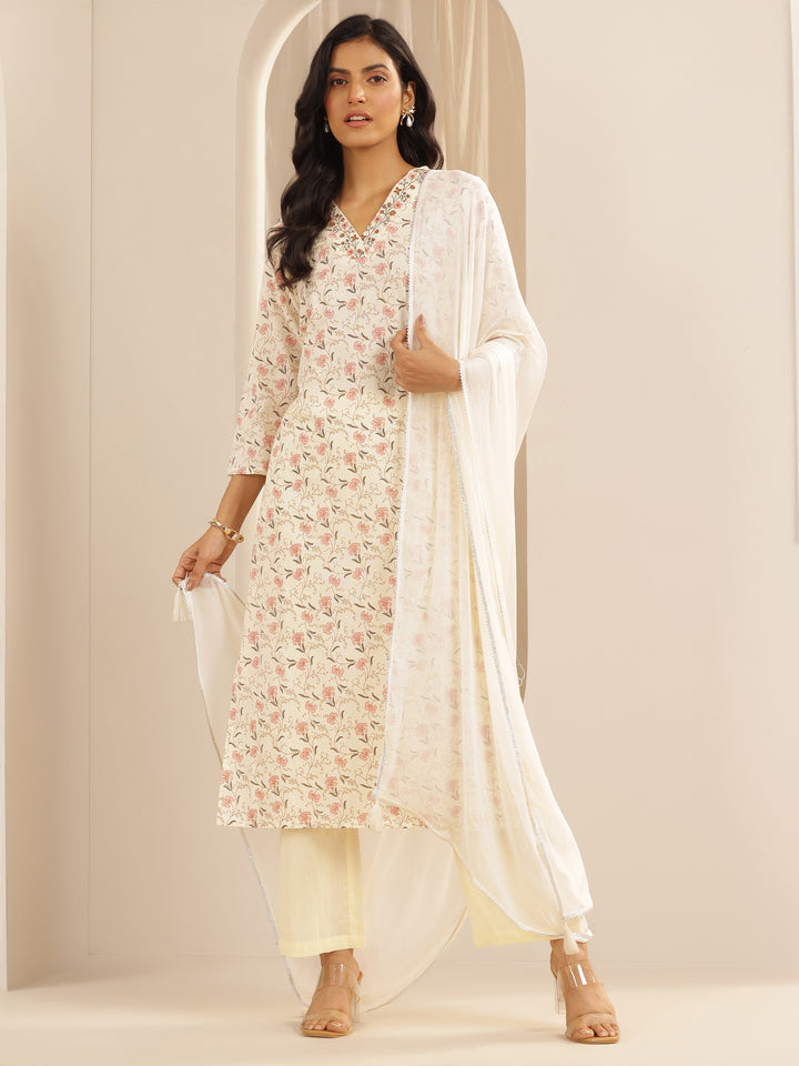 Off white Printed Cotton Straight Suit Set With Dupatta