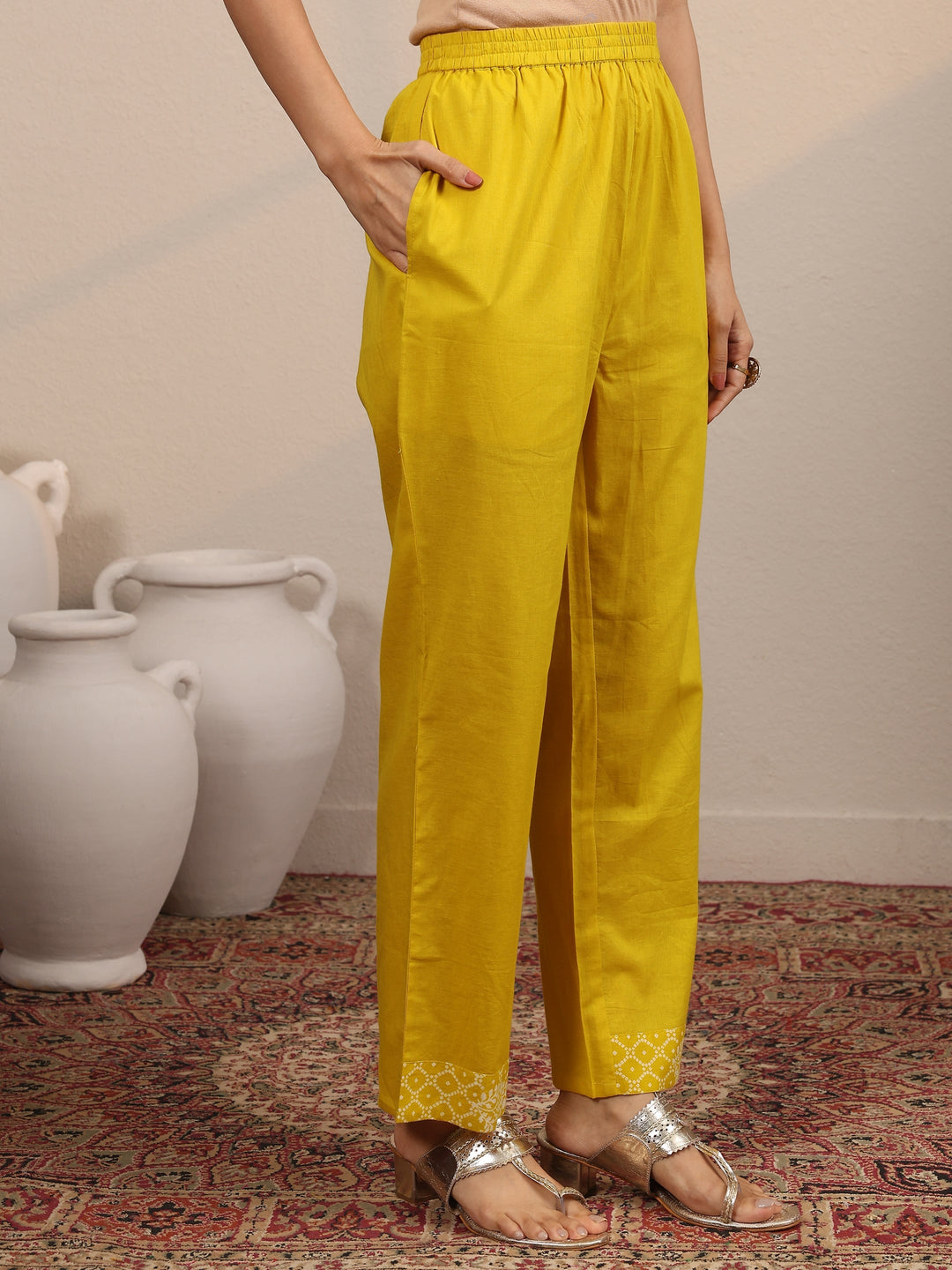 Yellow Printed Cotton Blend  Anarkali Suit Set With Dupatta