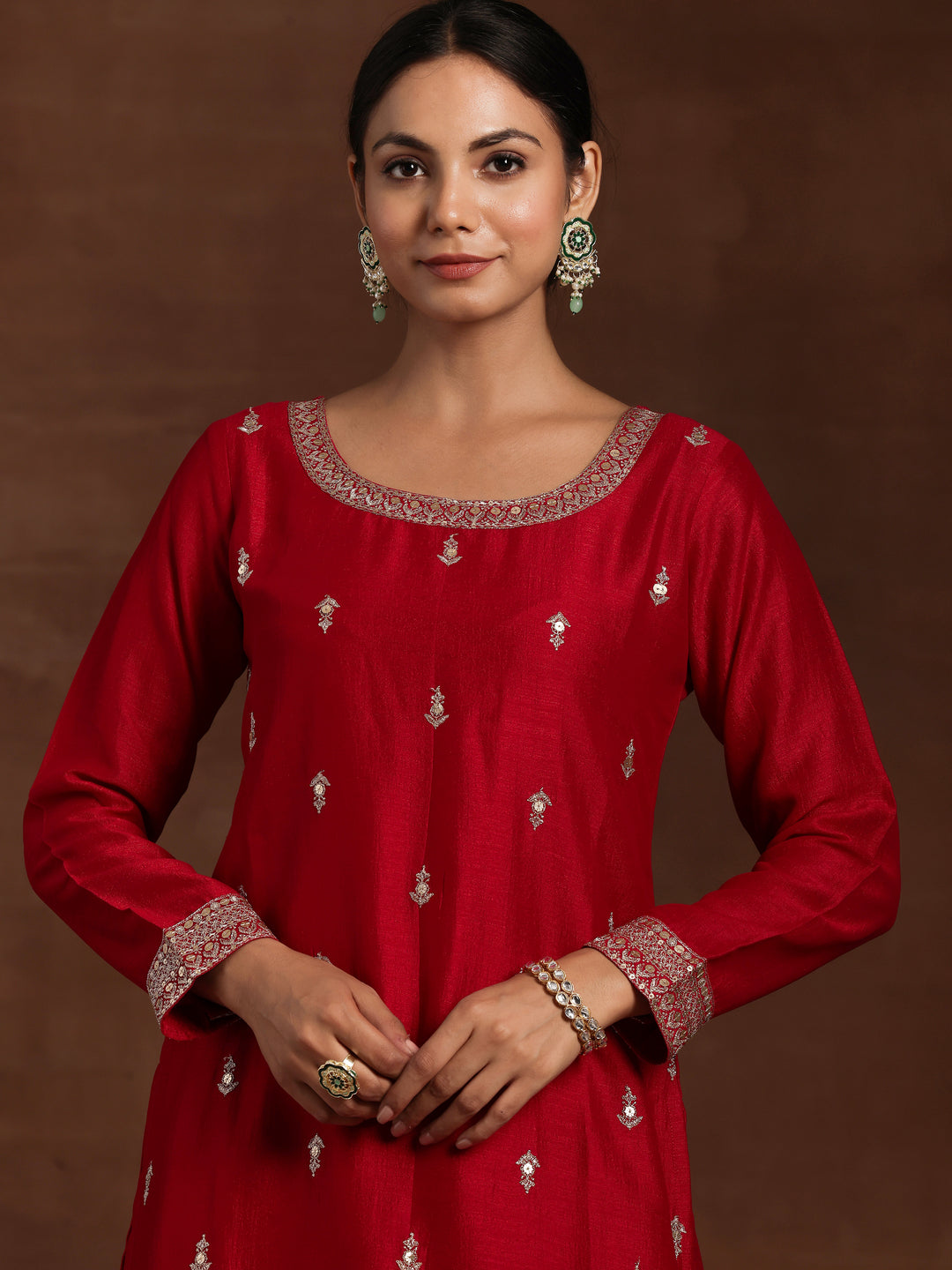 Pink Embroidered Silk Blend Straight Suit With Dupatta