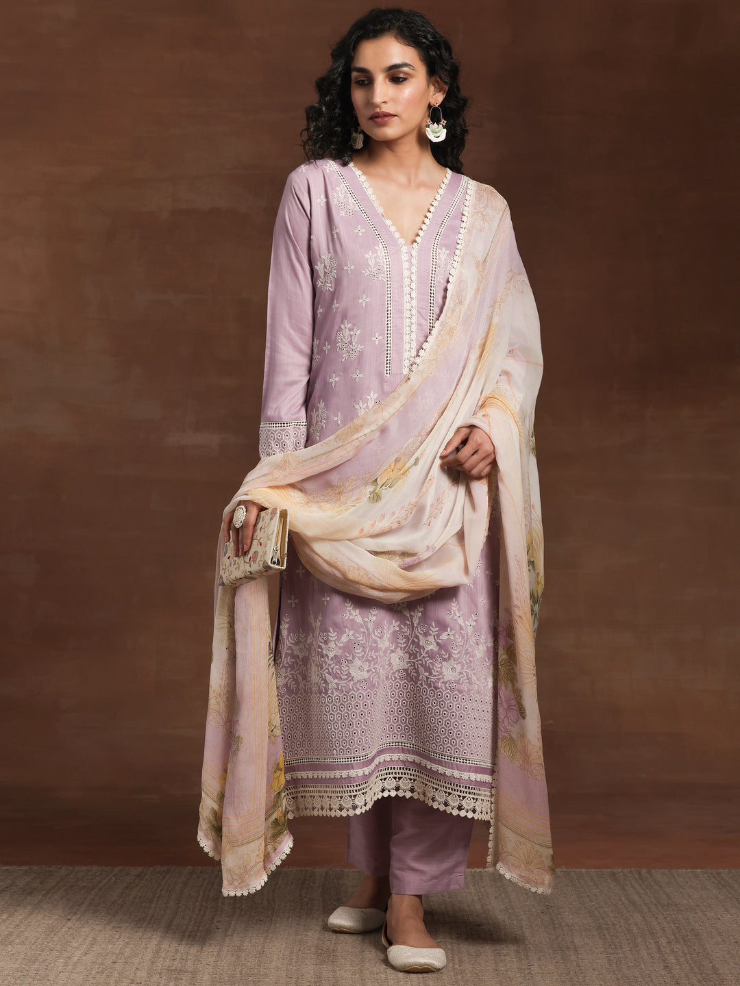 Lilac Embroidered Silk Blend Straight Suit With Dupatta