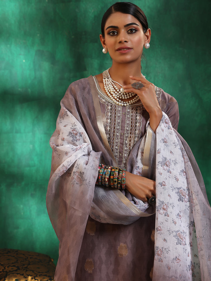 Brown Printed Silk Blend Straight Suit With Dupatta