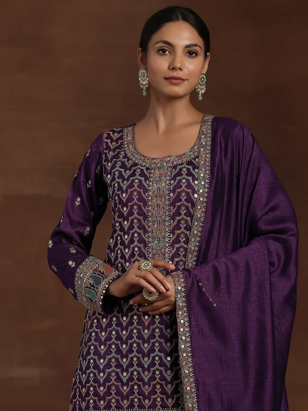 Adaa Purple Embroidered Silk Blend Straight Kurta With Palazzos & Dupatta
