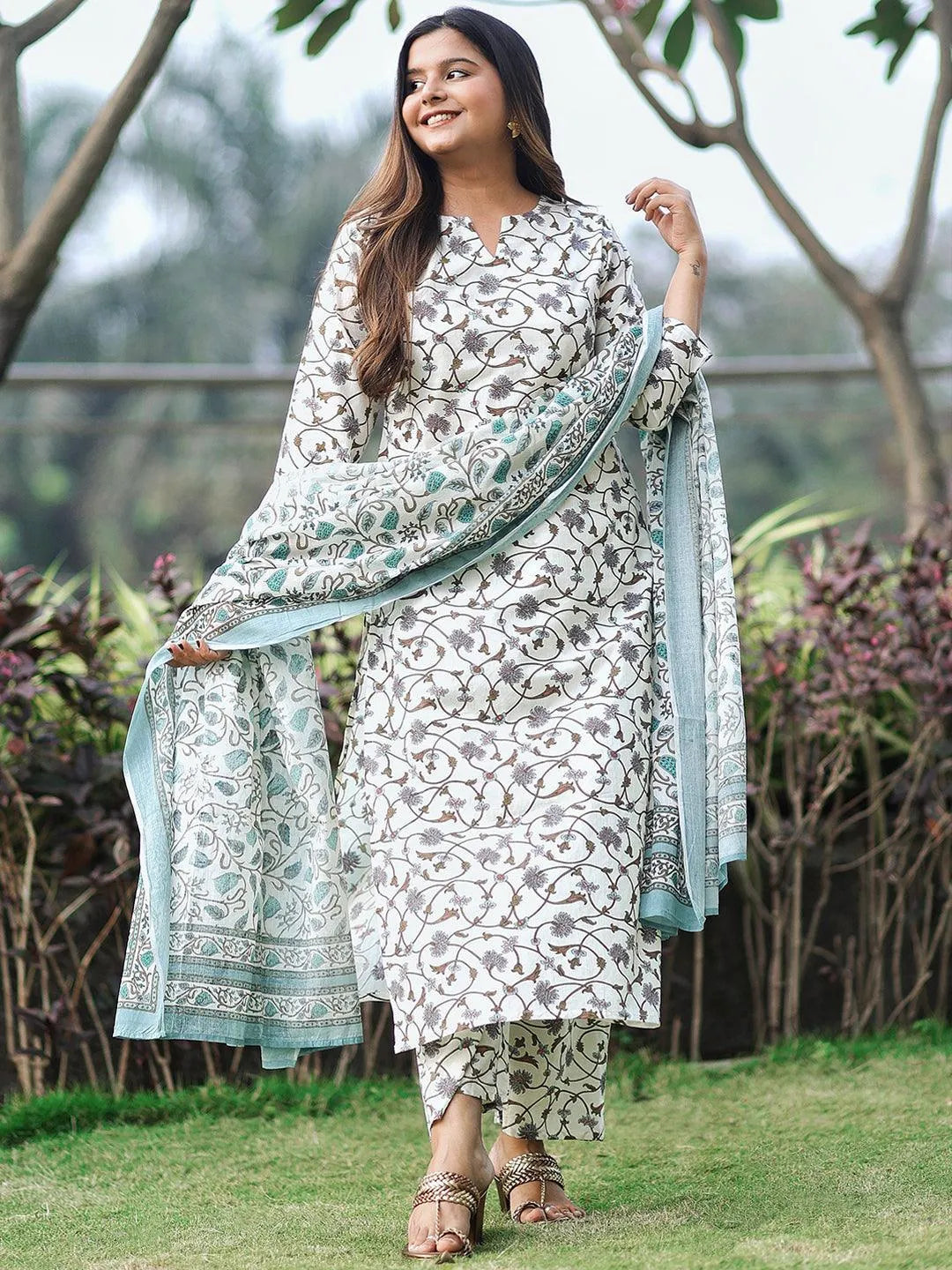 Buy Off-White Printed Cotton Straight Kurta With Palazzos