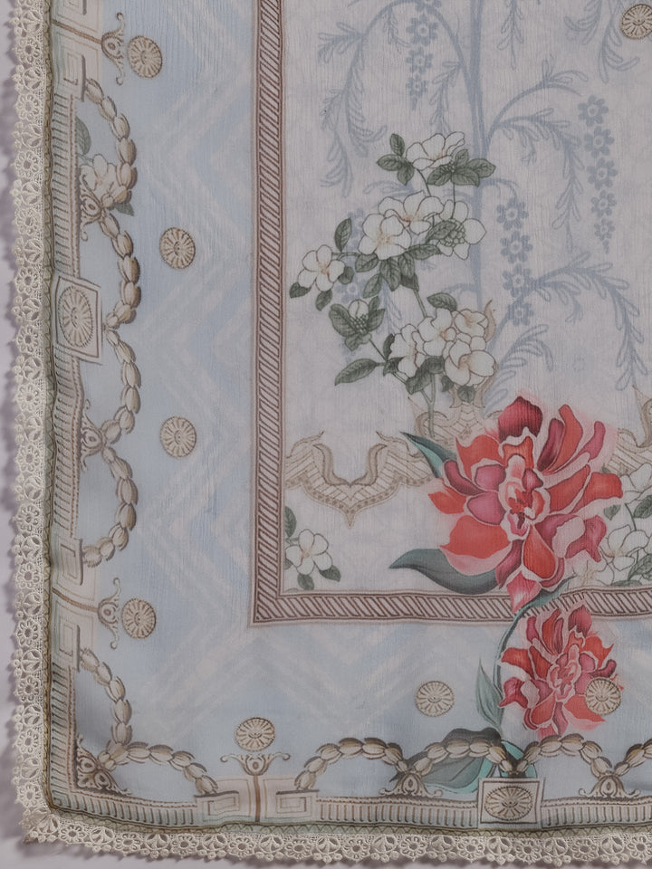 Blue Embroidered Silk Blend Straight Suit With Dupatta