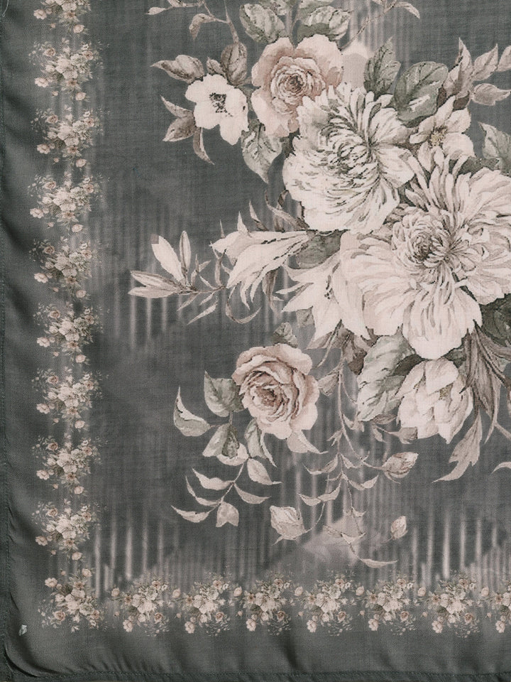 Grey Printed Cotton Straight Suit With Dupatta