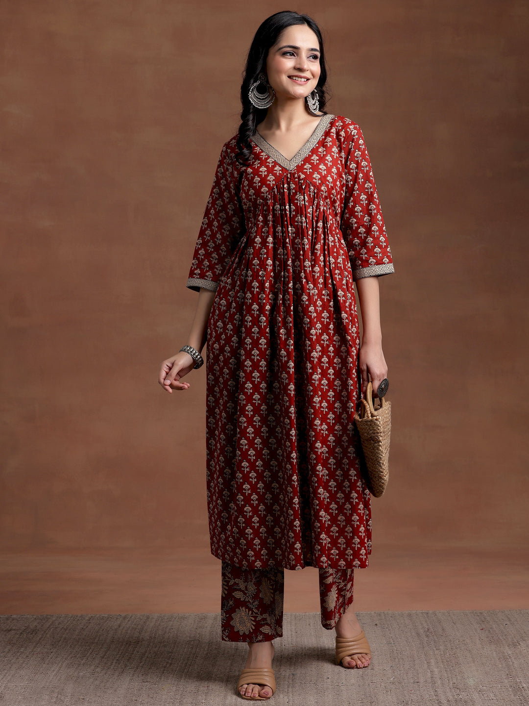 Rust Printed Cotton A-Line Kurta With Palazzos