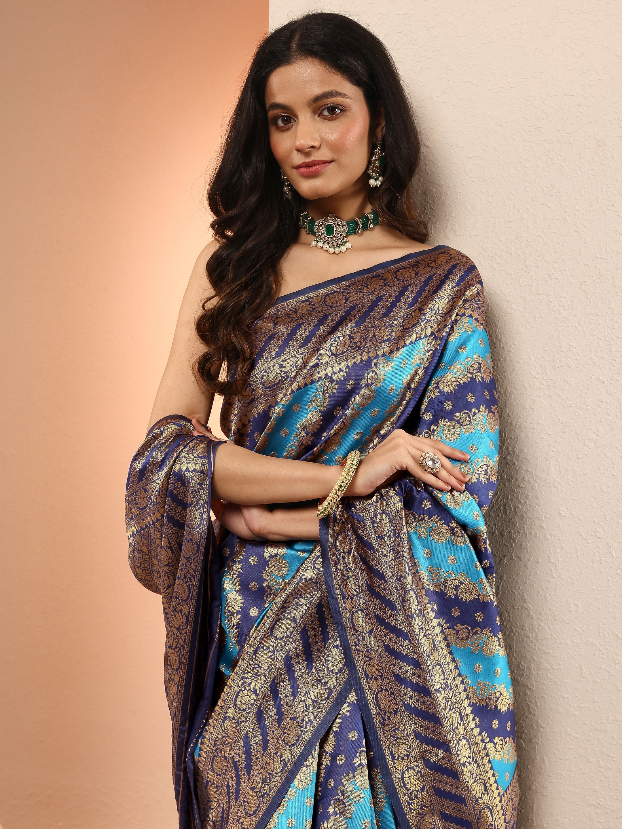 Buy Blue Woven Design Silk Blend Sarees With Unstitched Blouse Piece Online  at $27.00 | Libas, image size:2160x2880