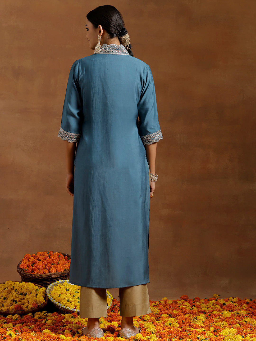 Blue Embroidered Silk Straight Kurta
