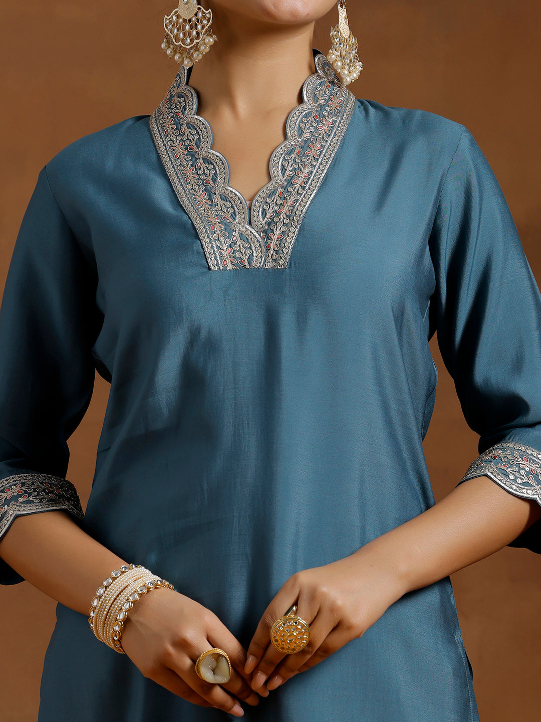 Blue Embroidered Silk Straight Kurta
