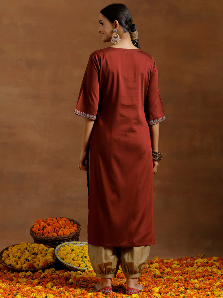 Maroon Embroidered Silk Straight Kurta
