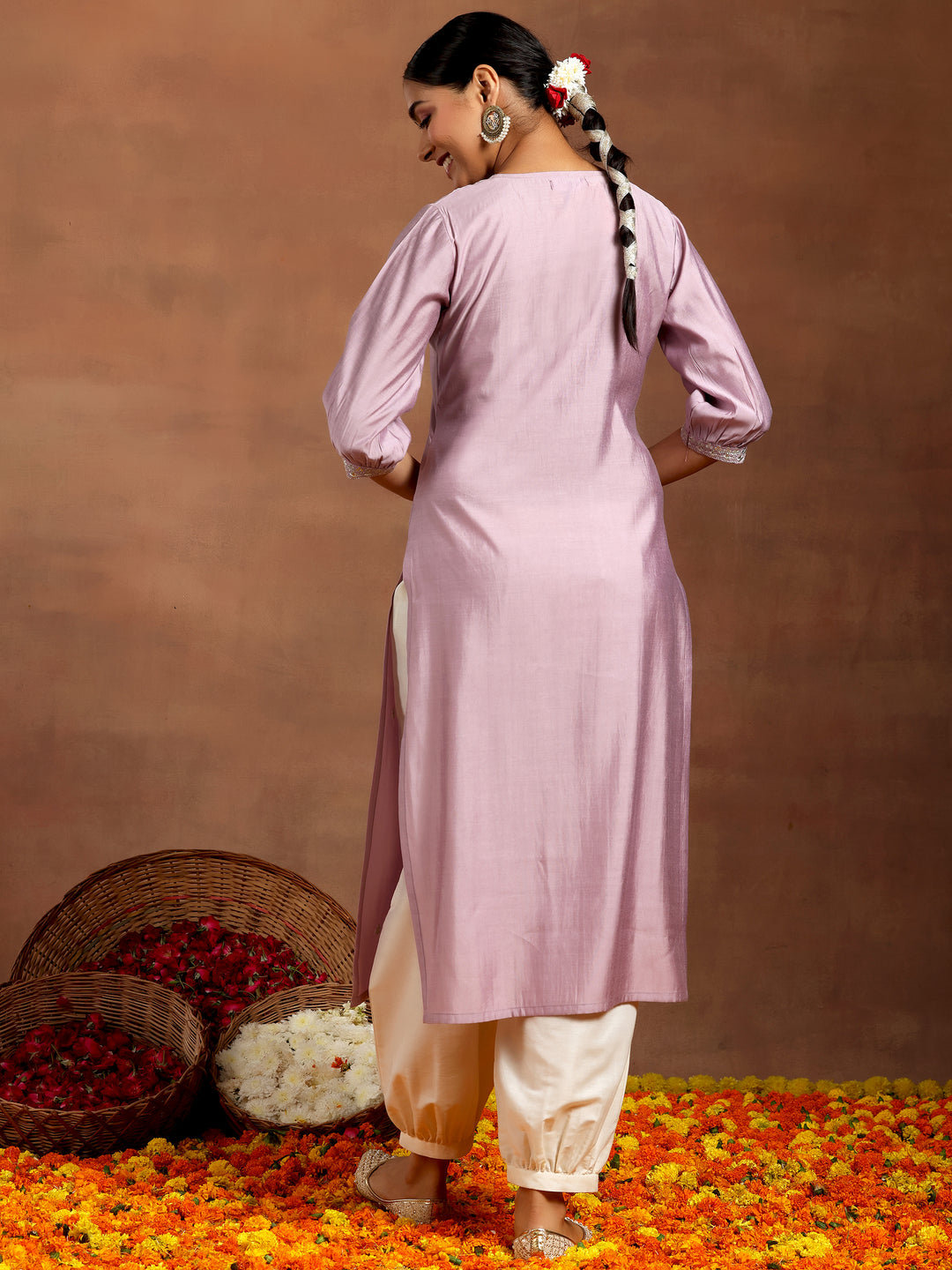 Purple Embroidered Silk Straight Kurta