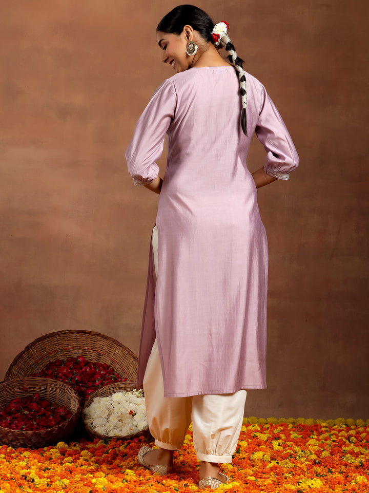 Purple Embroidered Silk Straight Kurta