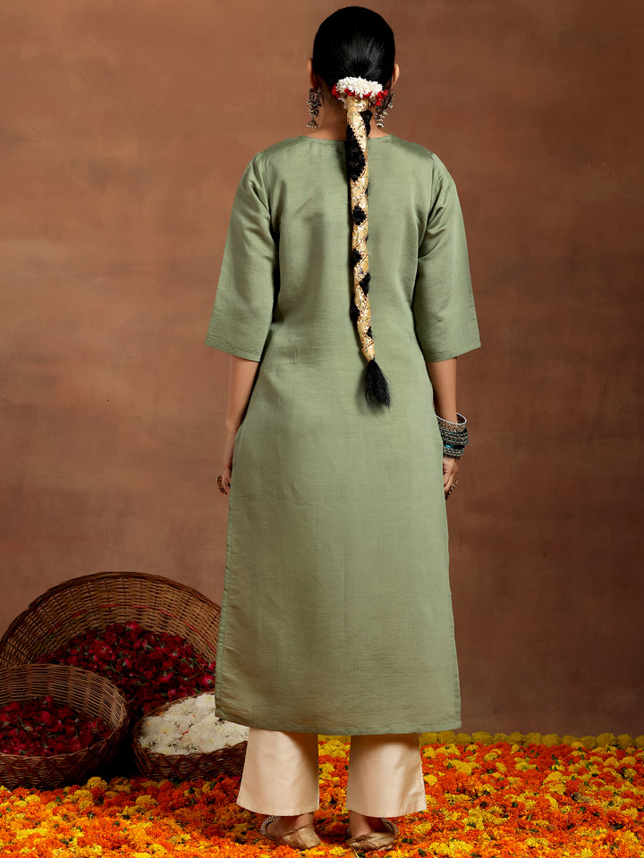 Green Embellished Silk Straight Kurta