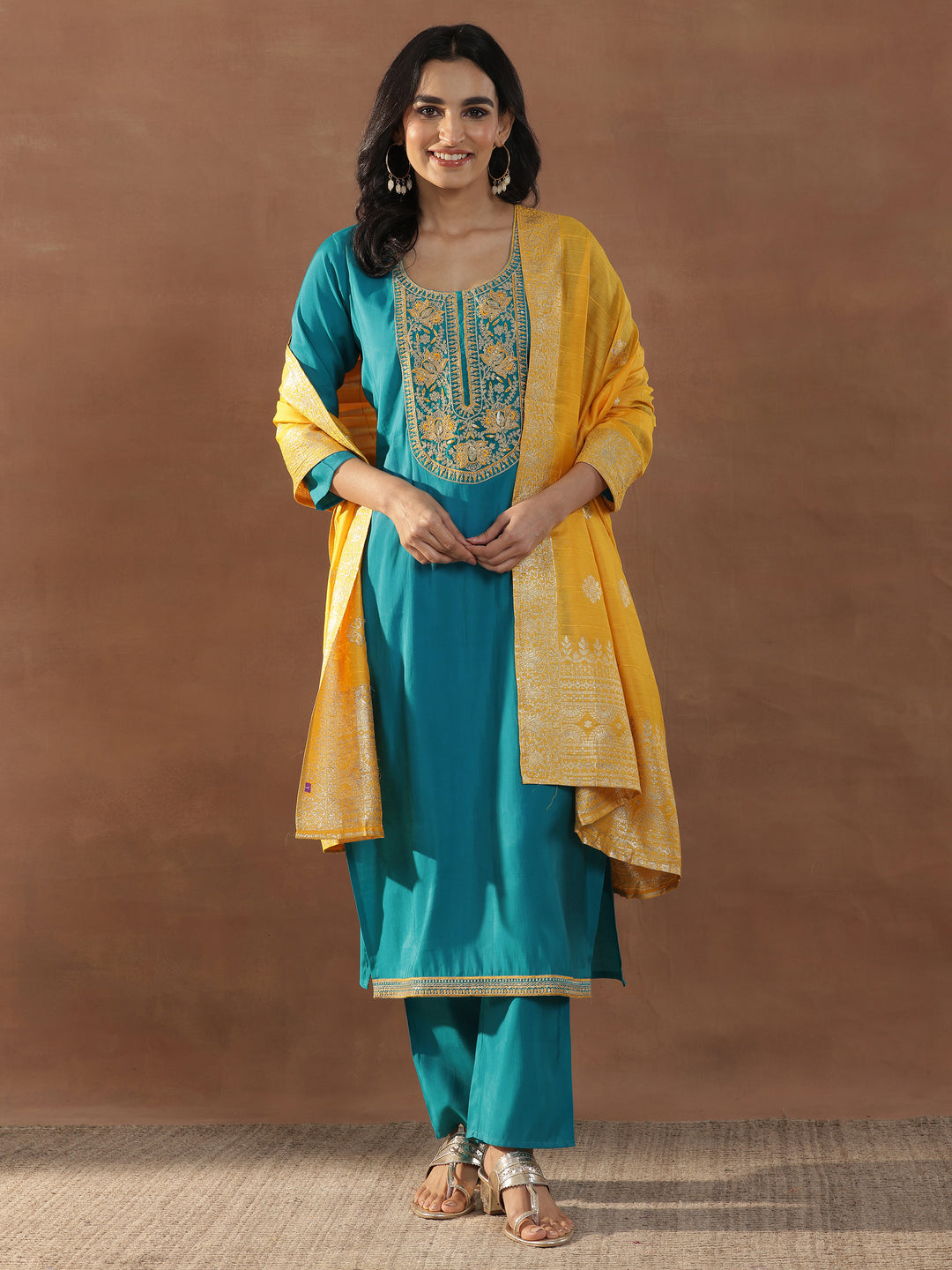 Green Yoke Design Silk Blend Straight Suit Set With Dupatta