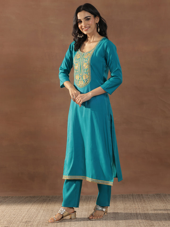 Green Yoke Design Silk Blend Straight Suit Set With Dupatta