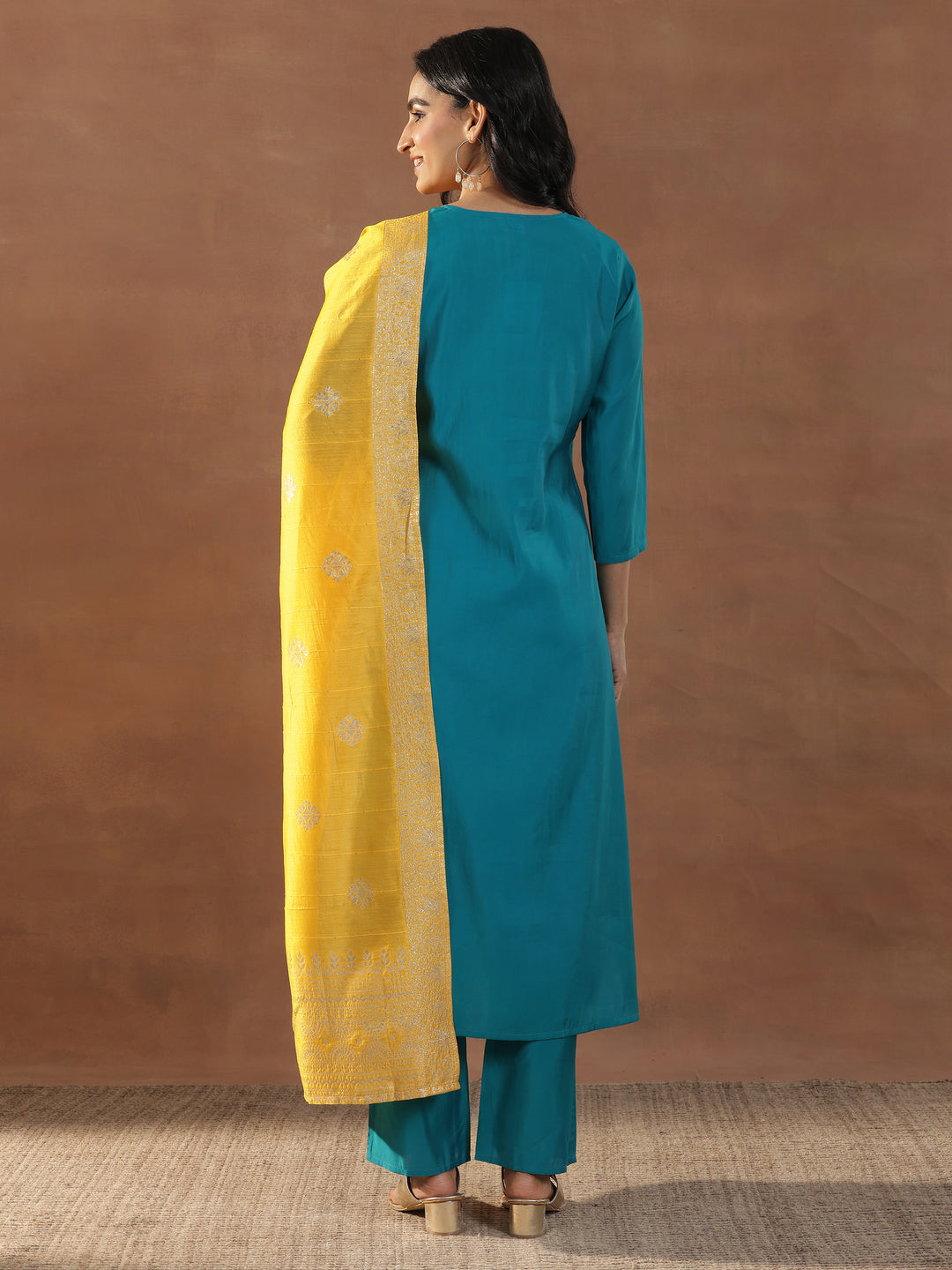 Green Yoke Design Silk Blend Straight Suit Set With Dupatta