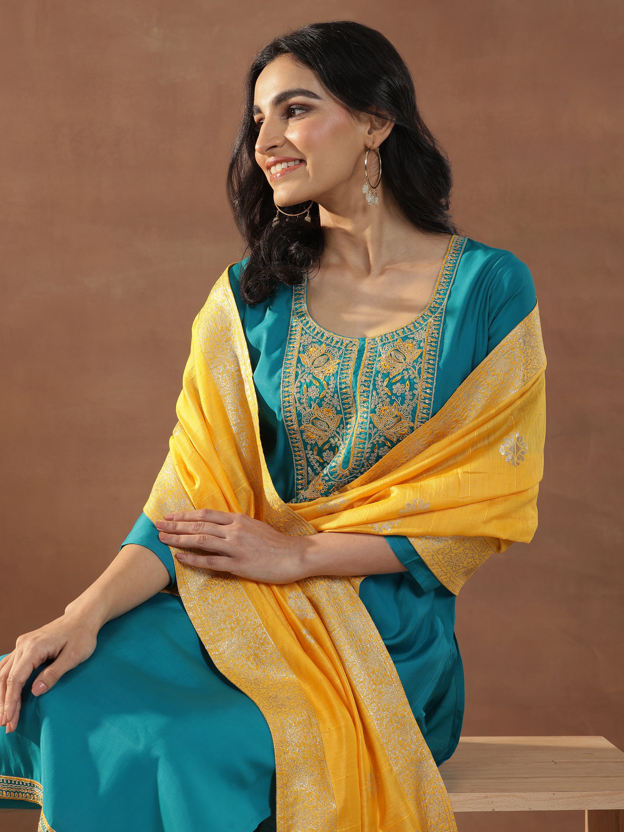 Blue Printed Silk Blend Straight Suit Set main image 0
