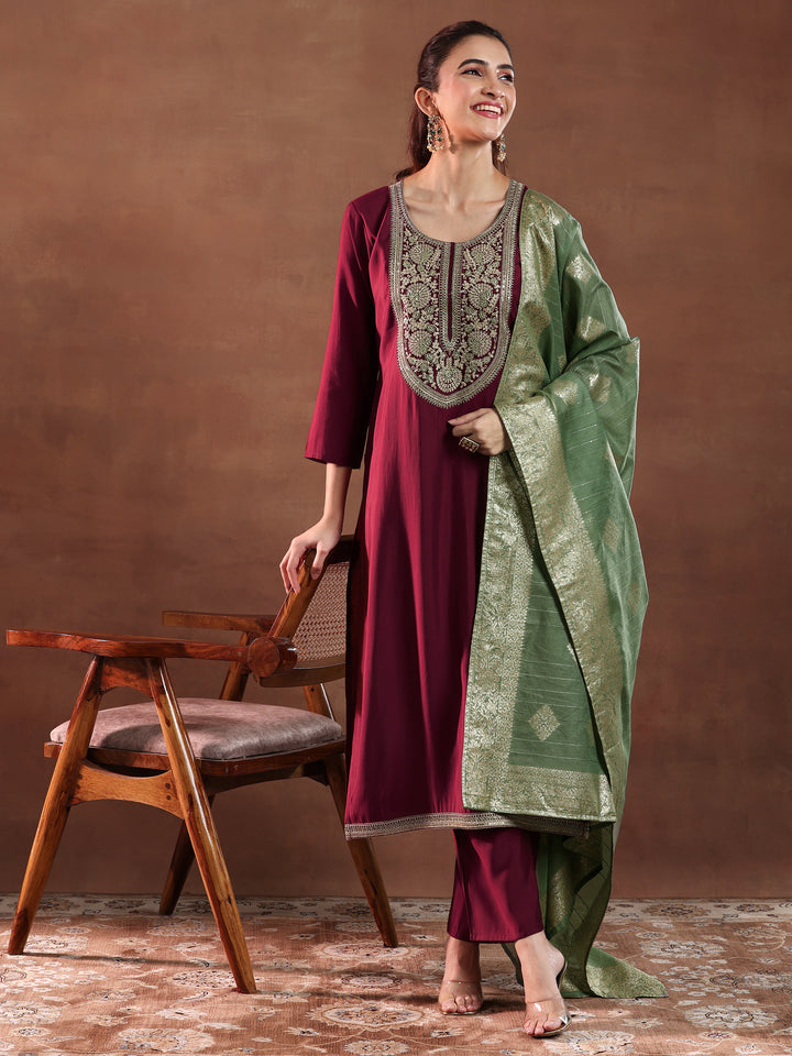 Maroon Yoke Design Silk Blend A-Line Kurta With Trousers & Dupatta