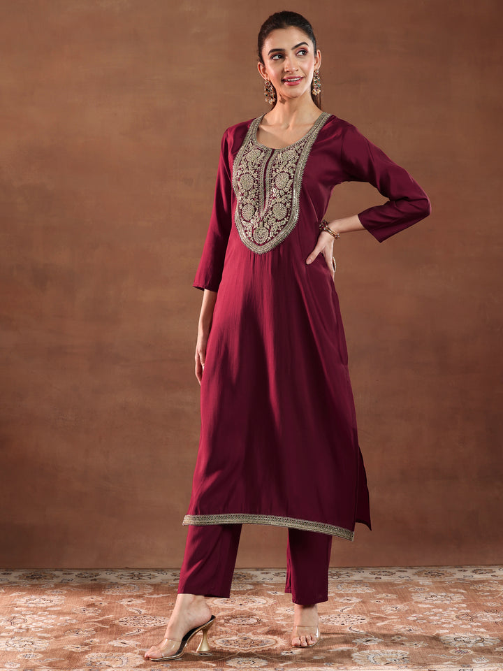Maroon Yoke Design Silk Blend A-Line Kurta With Trousers & Dupatta
