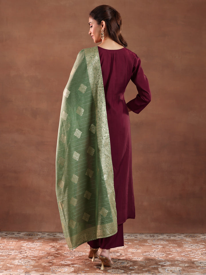 Maroon Yoke Design Silk Blend A-Line Kurta With Trousers & Dupatta
