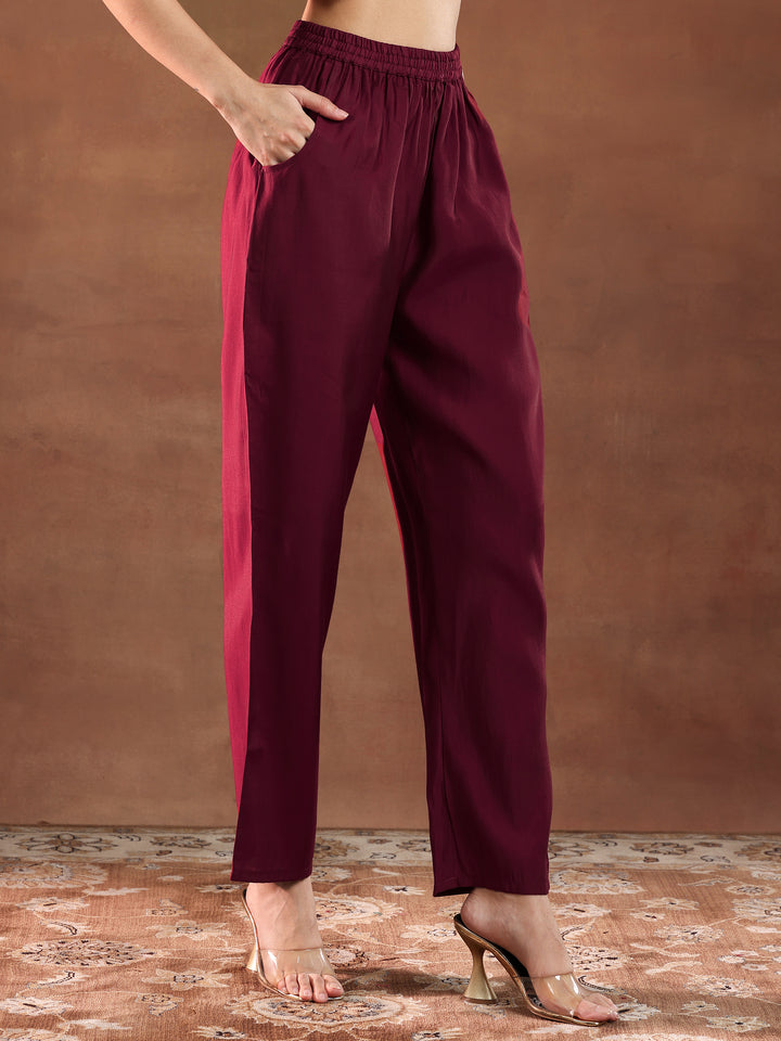Maroon Yoke Design Silk Blend A-Line Kurta With Trousers & Dupatta