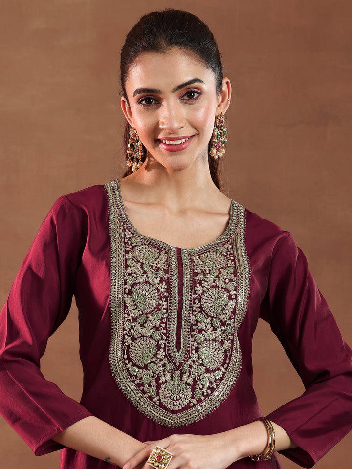 Maroon Yoke Design Silk Blend A-Line Kurta With Trousers & Dupatta