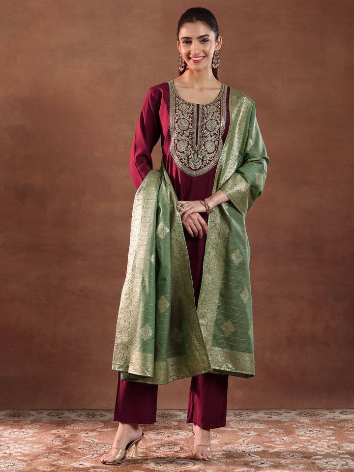 Maroon Yoke Design Silk Blend A-Line Kurta With Trousers & Dupatta