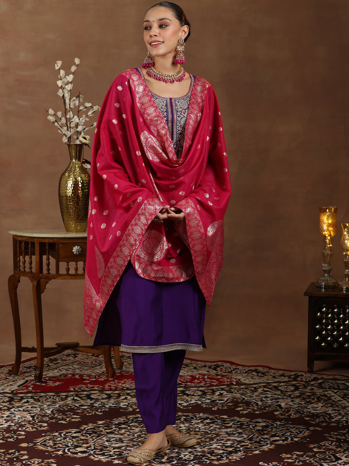 Purple Yoke Design Silk Blend Straight Suit With Dupatta