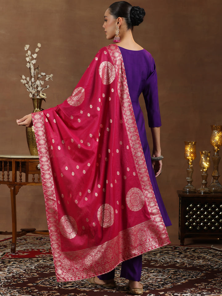 Purple Yoke Design Silk Blend Straight Suit With Dupatta
