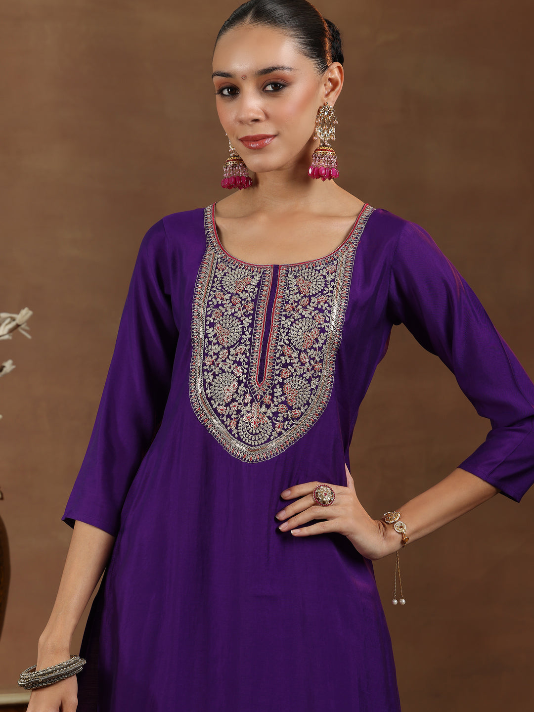 Purple Yoke Design Silk Blend Straight Suit With Dupatta
