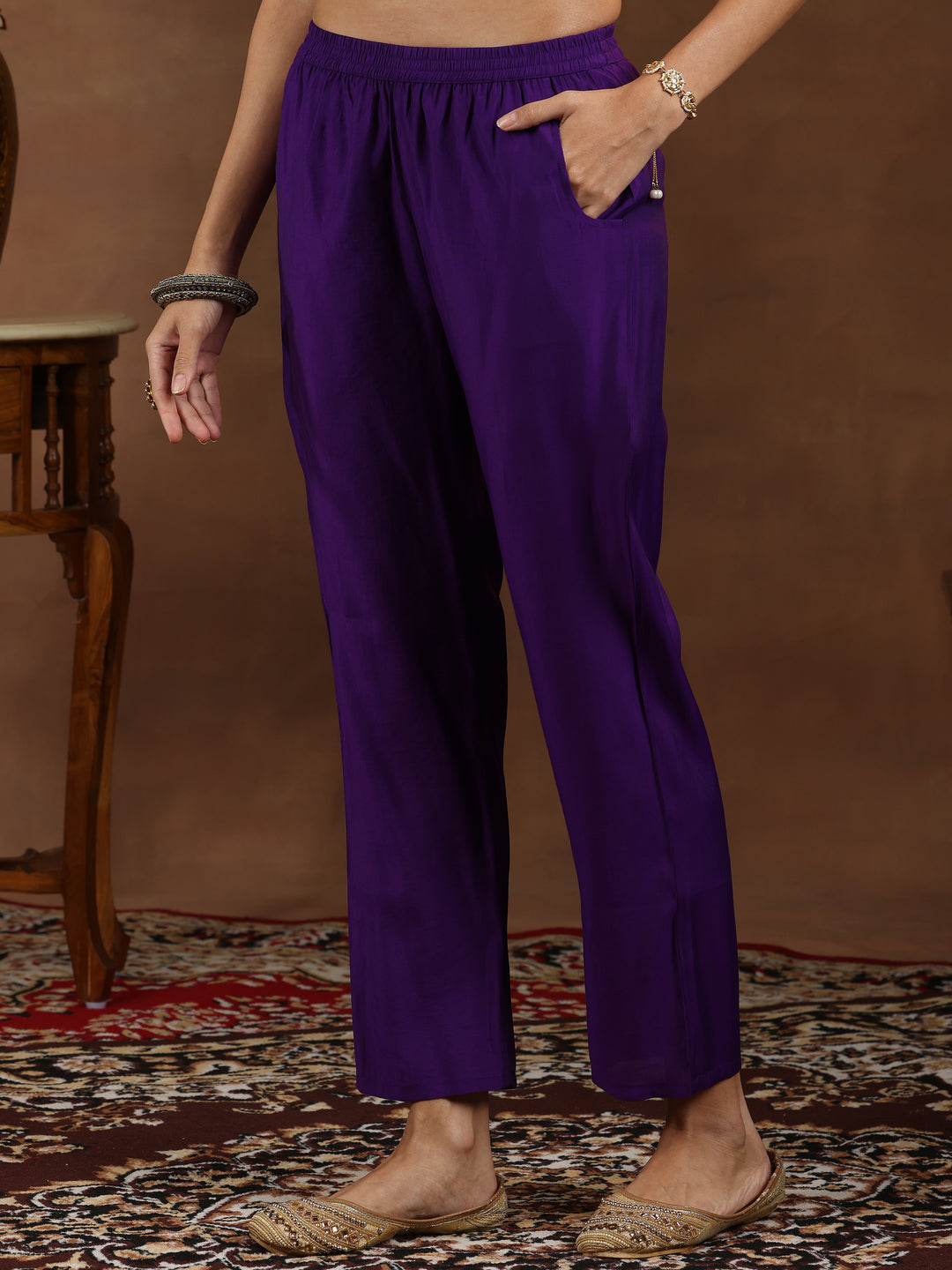 Purple Yoke Design Silk Blend Straight Suit With Dupatta