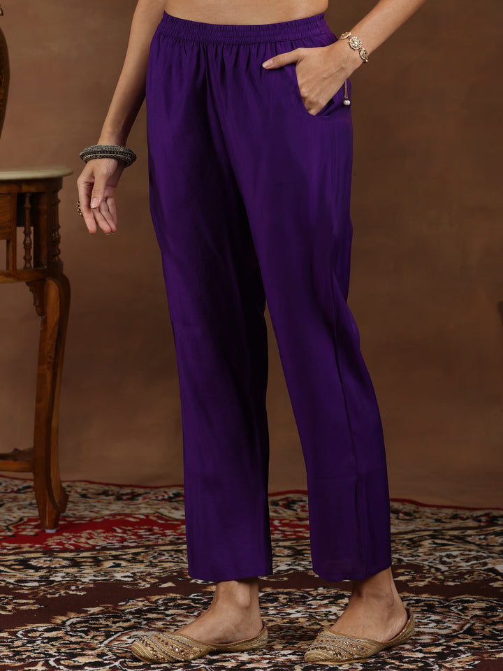 Purple Yoke Design Silk Blend Straight Suit With Dupatta