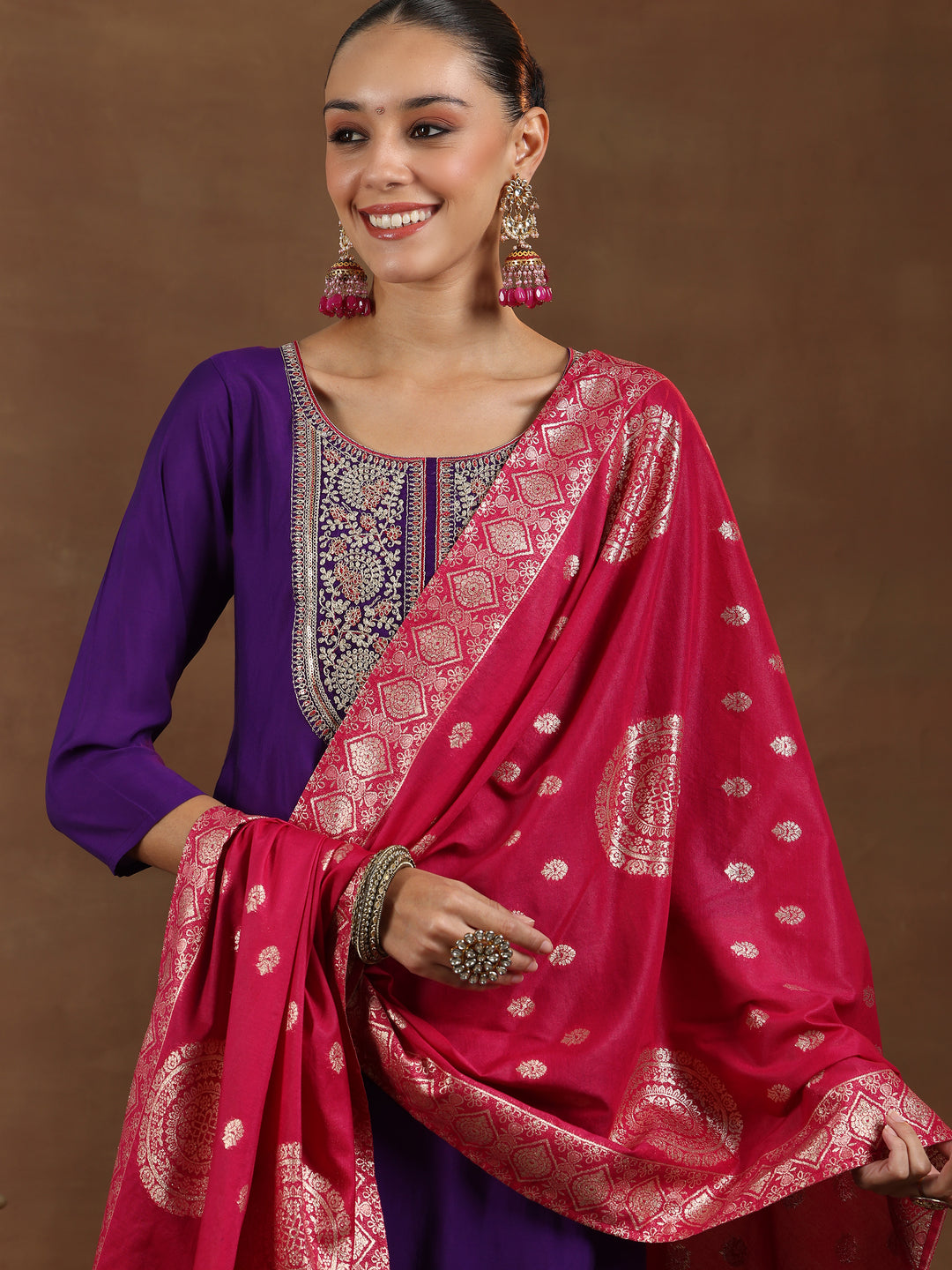 Purple Yoke Design Silk Blend Straight Suit With Dupatta