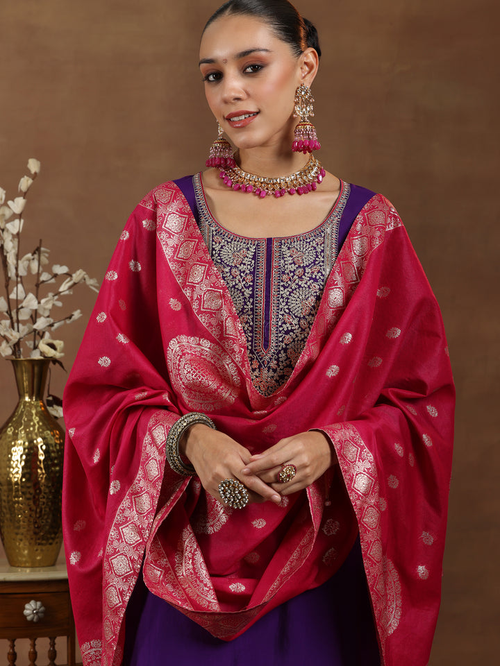 Purple Yoke Design Silk Blend Straight Suit With Dupatta