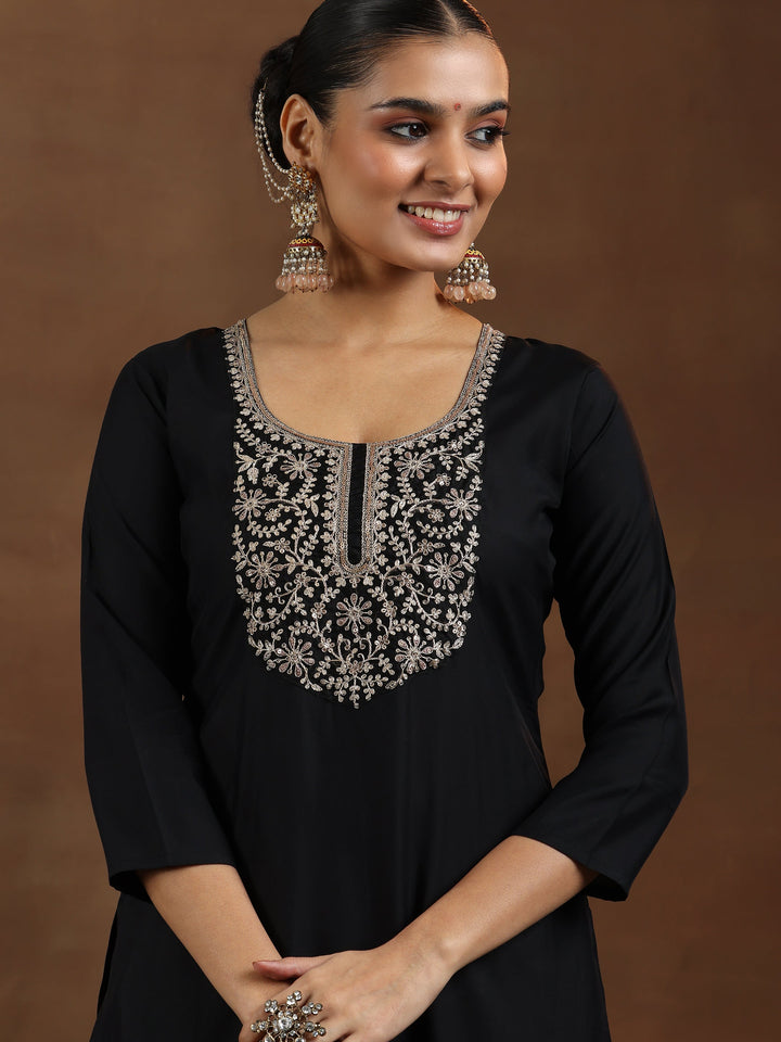 Black Yoke Design Silk Blend Straight Suit With Dupatta