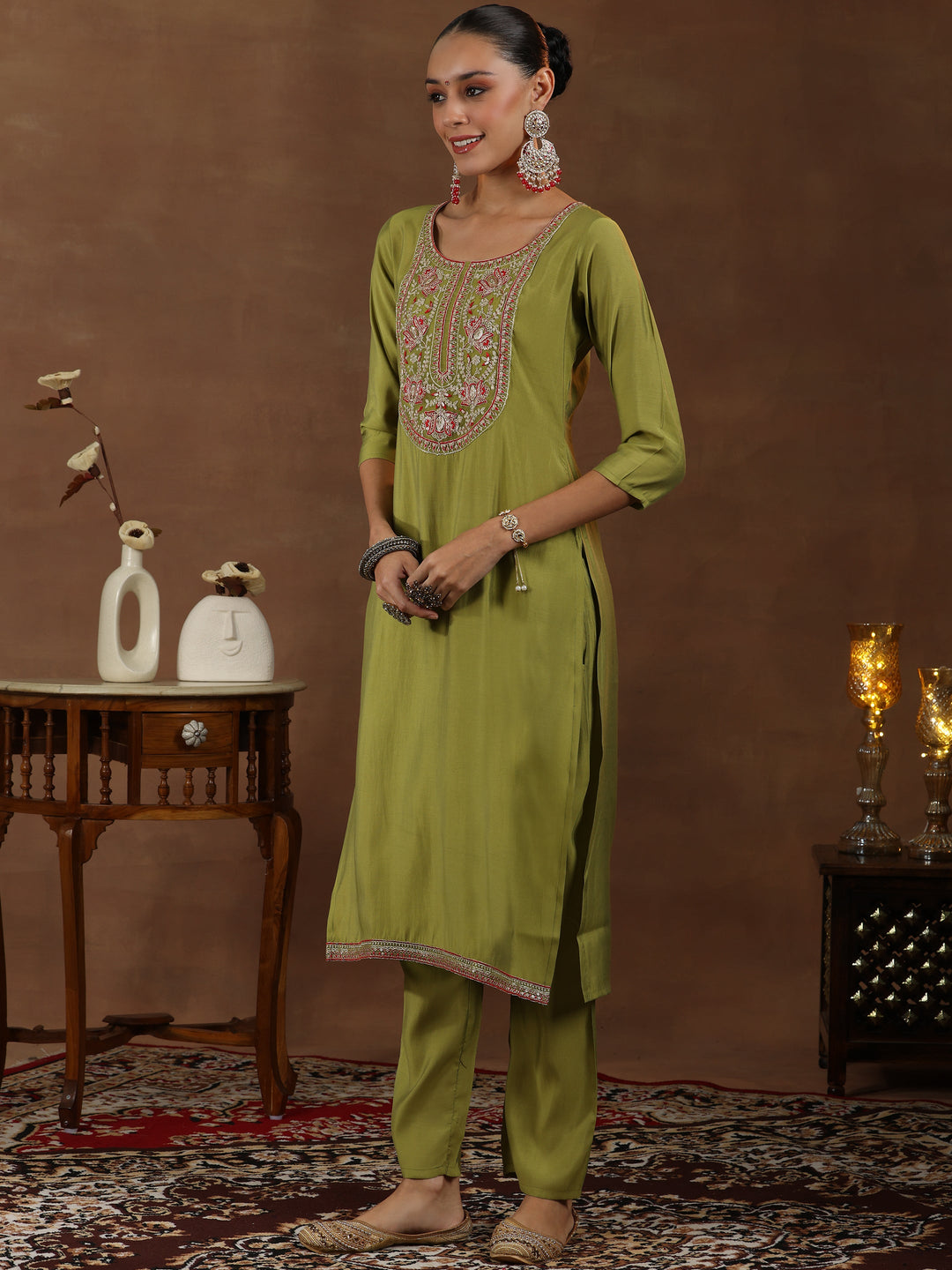 Green Yoke Design Silk Blend Straight Suit With Dupatta