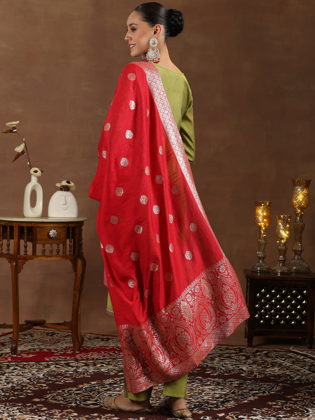 Green Yoke Design Silk Blend Straight Suit With Dupatta