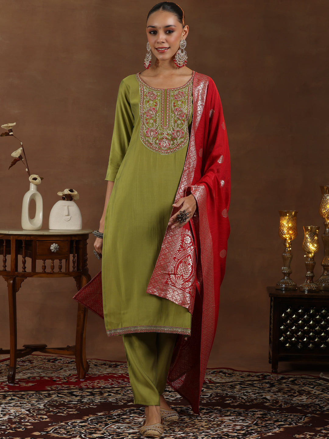 Green Yoke Design Silk Blend Straight Suit With Dupatta