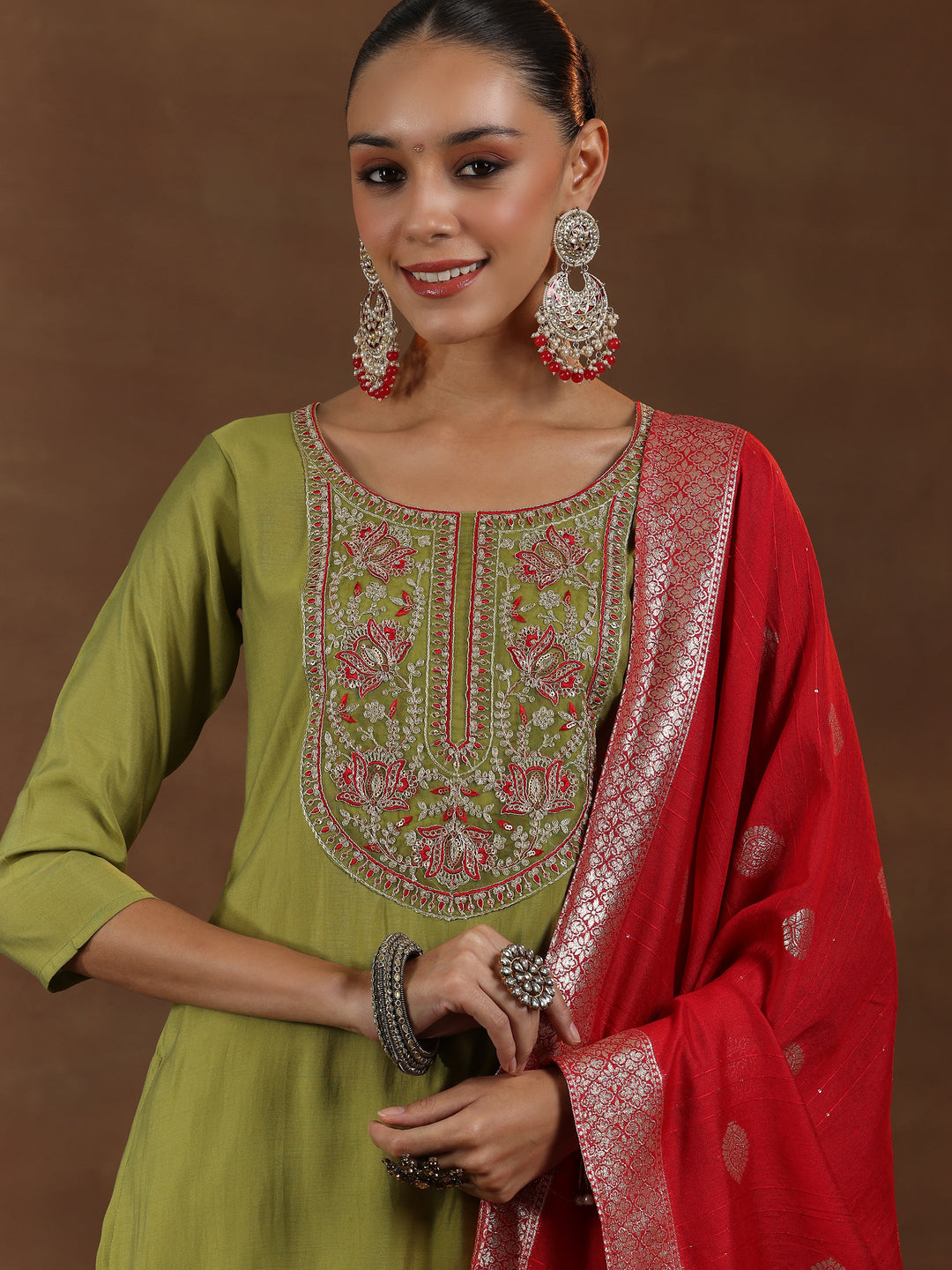 Green Yoke Design Silk Blend Straight Suit With Dupatta