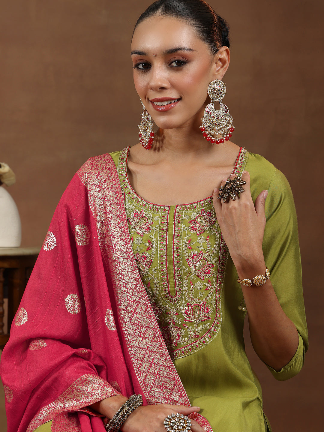 Green Yoke Design Silk Blend Straight Suit With Dupatta